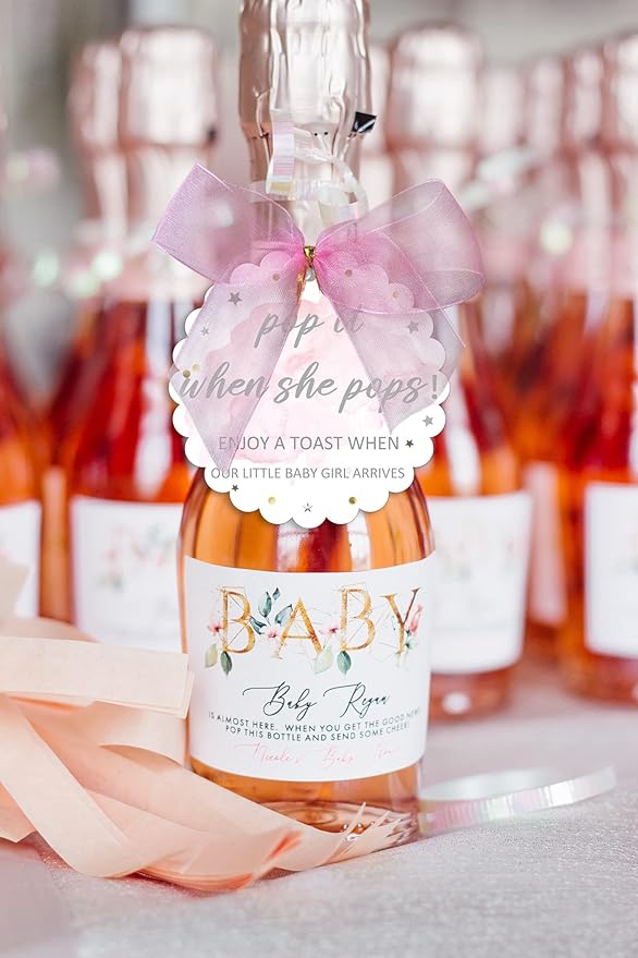 Pink Pop It When She Pops Baby Shower Bottle Tags, Pop the Bubbly When She Pops Tags, Girls’ Champagne Baby Shower Favor Label with Bows Set of 30