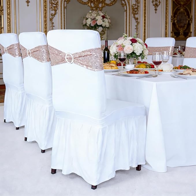 SquarePie Pack of 10 Sequin Chair Sashes Bands Glitter Rose Gold Double-Sided Sequins Stretch Chair Cover Bows with Buckle Slider for Wedding Party Fiesta Banquet Decor
