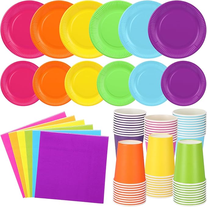 Geosar 240 Pieces Rainbow Party Tableware 60 Set Colorful Paper Plates and Napkins 9oz Paper Cups Complete Pack Disposable Dinnerware Set for Rainbow Birthday Party Decorations Supplies (Rich Color)