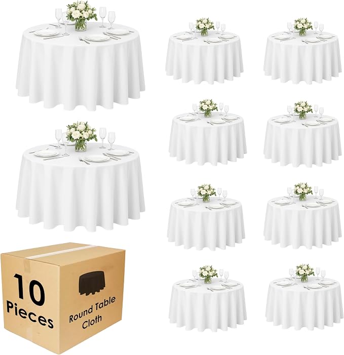 10 Pack 70 Inch White Round Tablecloth, Polyester Fabric Washable Table Cloth for Home, Party, Wedding or Restaurant Use