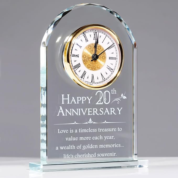 YWHL 20th Anniversary Quartz Clock Gifts for Him and Her, 20 Years Wedding Anniversary Keepsake Gifts for Couple, Happy 20th Wedding Home Party Decoration (Battery not Included)