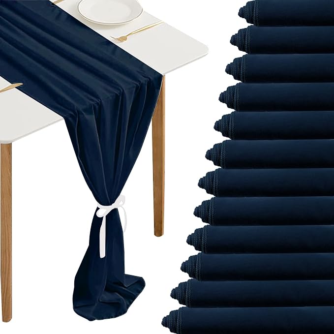 Fivenl 12 Packs Navy Blue 10Ft Chiffon Table Runner 27 x 120 Inches Sheer Chiffon Wedding Table Runner Romantic Boho Rustic Table Runner for Wedding Bridal Baby Shower Birthday Party Table Decoration