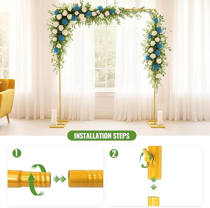 8x8 FT Square Wedding Arch Stand - Heavy-Duty Metal Backdrop Frame for Ceremony, Photo Booth, Party Decor - Adjustable Height (1.6FT to 8FT) - Sturdy & Portable for Indoor/Outdoor Events