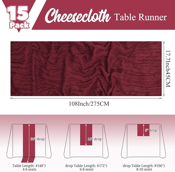 15 Pack Burgundy Table Runners 17 x 108inch Cheesecloth Table Runner Boho Gauze Table Runner Rustic Sheer Fabric Cheese Cloth Table Runners for Wedding Party Bridal Shower Farmhouse Thanksgiving Decor