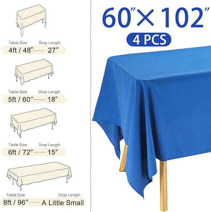 4 Pack Rectangle Tablecloth 60x102 Inch Washable Polyester Table Cover for Wedding Dining Table Buffet Parties Banquet Decoration（Blue）