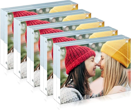 ILYXY Picture Frame, 5 Pack Acrylic 3.5x5 - Magnetic, Double Sided, Free Standing, UV Protection, 20mm Thick Frameless Clear Picture Frames