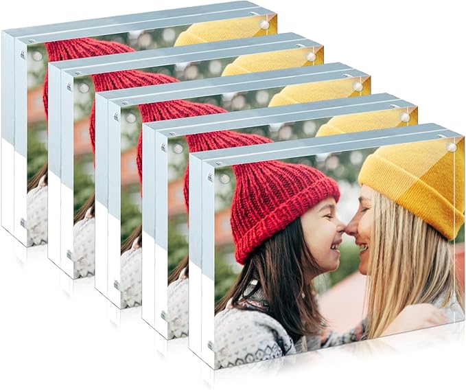 ILYXY 5 Pack Acrylic Frame 4x6, 20% Thicker, 20mm Thick Frameless Clear Picture Frame, Double Sided Magnetic Photo Frame, Free Standing Desktop Display Stand Acrylic Picture Frames