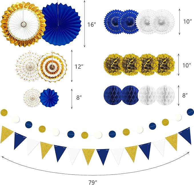 Navy Blue and Gold Graduation Party Decorations 23pcs Navy White and Gold Baby Shower Boy Birthday Decor for Kids Man with Hanging Paper Fans, Pom Poms Flowers, Garland String Polka Dot Packs