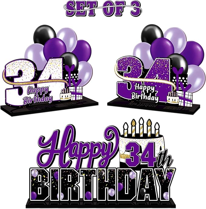 LINGTEER Happy 34th Birthday Purple Acrylic Table Topper Centerpieces Set - Cheers to 34 Years Old Birthday 34th Bday Party Gift Decorations.
