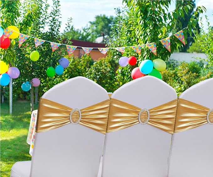 Gold Chair Sashes 50 Pack for Wedding Ceremony, Elastic Chair Bands Bows for Party Banquet Theme Hotel Restaurant Event Decorations (50 Pieces, Metallic Gold)