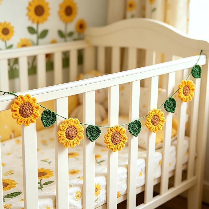 Handmade Crochet Flower Garland, Sunflower Garland for Girl Nursery Decor, Sunflower Garland for Birthday Party, Boho Room Wall Hanging Decoration