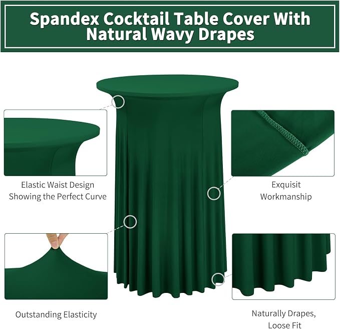 6 Packs Round Cocktail Table Skirt 32"x 43" Spandex Stretch Cocktail Tablecloth with Wavy Drapes, Dark Green Spandex Fitted High Top Table Covers for Wedding Bar Party Birthday Banquet Table