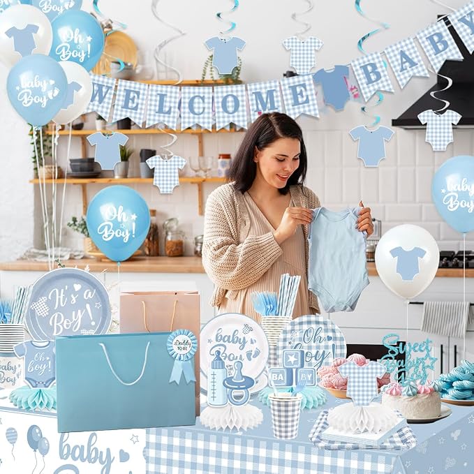 Blue Baby Shower Decorations Boy Blue Gingham Welcome Baby and Body Cloth Banner Plates Napkins Cups Sash Centerpieces Hanging Swirls Tablecloth Cake Topper Balloon Baby Boy Baby Shower Party Decor
