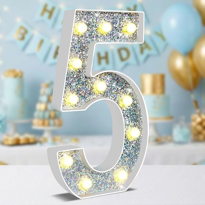 12.6 Inch LED Silver Marquee Light Up Numbers, 5th Birthday Decorations Number Lights as Gifts for Girls Boys, Glitter Lighted Marquee Numbers for Silver Anniversary Party Table Decor, 5