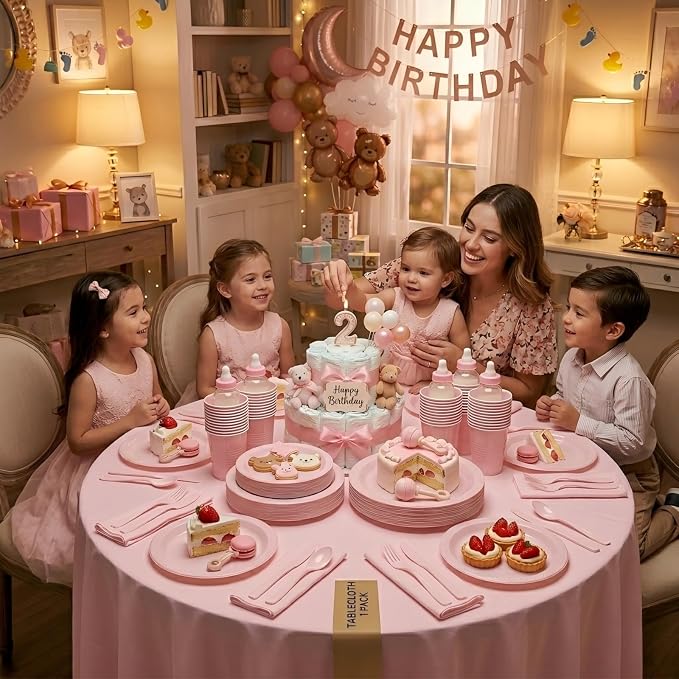 Tinybee 352 Pcs Pink Plastic Plates Party Set, 50 Guests Disposable Dinnerware Set with tablecloths Pink Disposable Plates Set for Wedding/Mother's Day/Birthday/Baby Shower