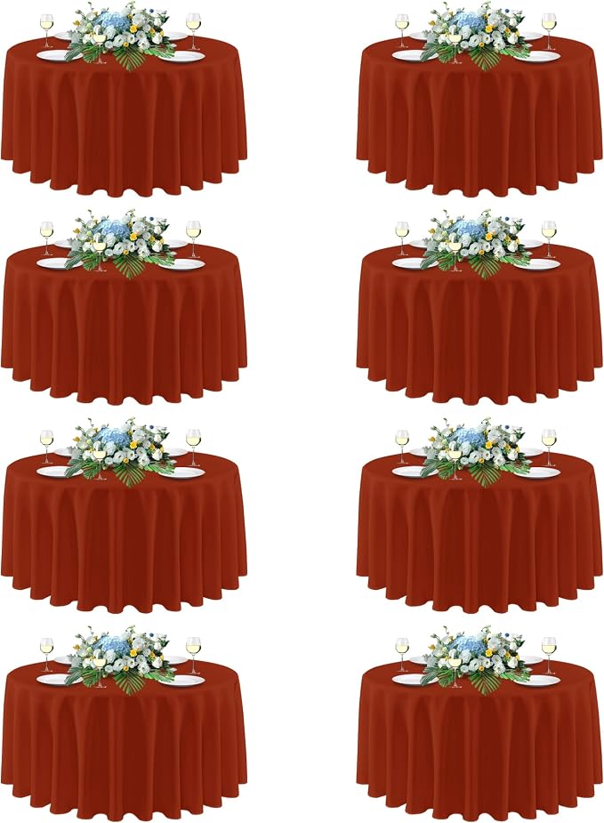 sancua Thanksgiving Round Tablecloth 90 Inch Diameter, 8 Pack Burnt Orange Circle Polyester Fabric Fall Table Cloth for Holiday Party Reception, Washable Table Cover (Fit 30-72 Inch Tables, Rust)