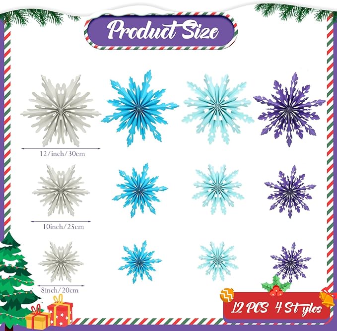 Fuyoooo 12 Pcs Snowflakes Hanging Decorations Blue Purple White Paper Fans Hollow Snowflakes Ceiling Hangings Decor Ice Birthday Fans Decor for Wedding Birthday Holiday Party Decoration(Purple)