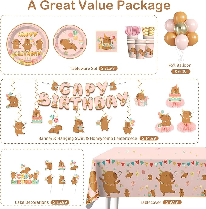 Xynic 208Pcs Capybara Birthday Decorations Tableware Set - Serves 25 Guests - All-in-One Kit with Balloons, Banner, Cake Toppers, 350gsm Plates, Tablecloths, Backdrop, and Honeycombs