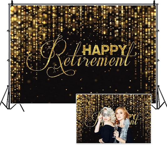 6x4ft Happy Retirement Photography Backdrop Luxury Black and Gold Party Backdrop Background Gold Glitter Celebrate Retirement Party Decorations Wallpaper Studio Props Bokeh Banner Supplies