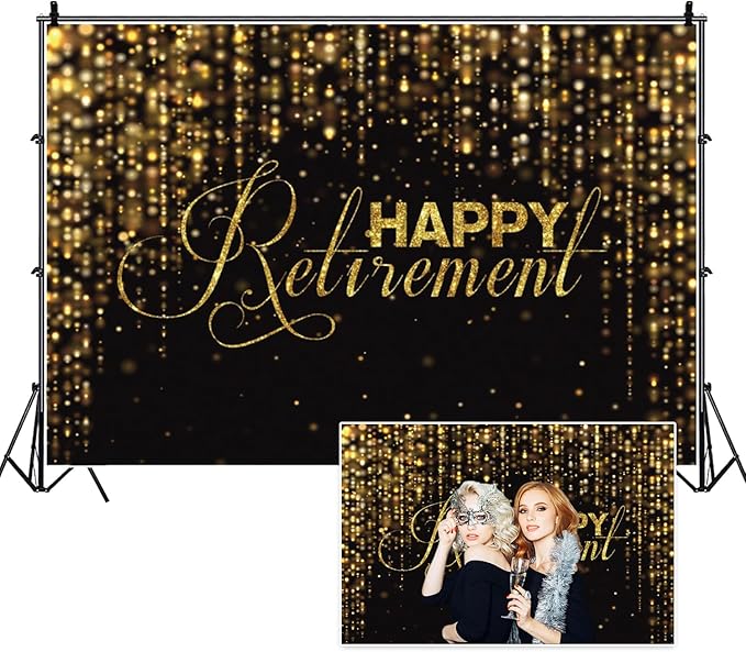9x6ft Happy Retirement Photography Backdrop Luxury Black and Gold Party Backdrop Background Gold Glitter Celebrate Retirement Party Decorations Wallpaper Studio Props Bokeh Banner Supplies
