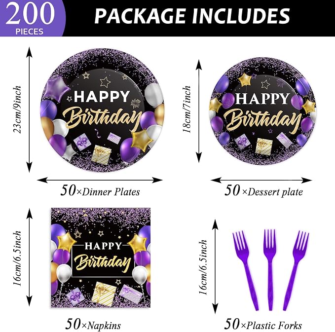 gisgfim 50 Guests Purple Birthday Party Supplies Purple and Black Plates and Napkins Forks Happy Birthday Tableware Paper Plates for Women Girl Party 200PCS