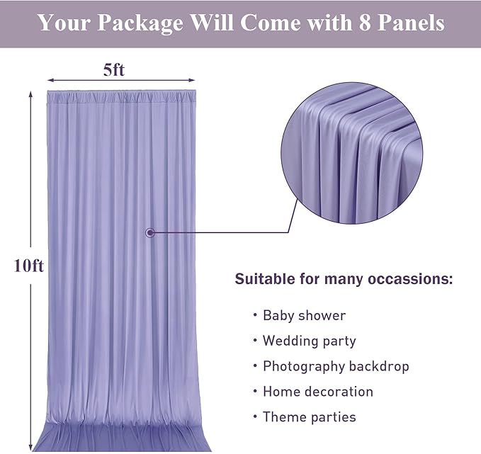 40ft x 10ft Wrinkle Free Lavender Backdrop Curtains for Parties, 8 Panels 5x10ft Polyester Purple Backdrop Drapes for Wedding Party Background Birthday Decoration
