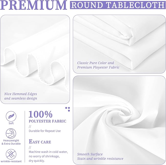 Showgeous 8 Pack White Round Tablecloth 120 Inch Polyester Table Cloth for Tables - Washable Decorative Fabric Covers for Wedding, Dining, Party, Banquet, Buffet
