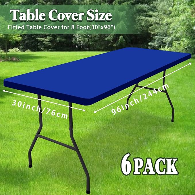 Picnic Table Cover 6 Pack Elastic Fitted Tablecloths for 8 Foot Rectangle Table Waterproof Stretch Washable Patio Folding Outdoor Spandex Tablecloth for Camping Banquet Parties (Royal Blue,30" x 96")
