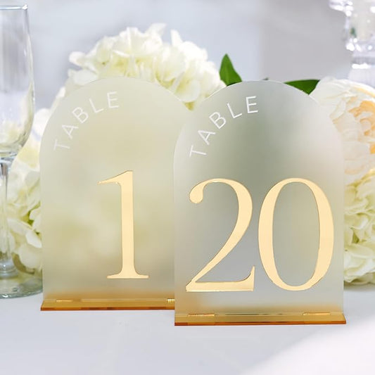 Frosted Arch Gold Table Numbers - 5x7" Frosted Arch Acrylic Table Signs with Gold Mirror Numbers for Banquet, Party, Event, Anniversary