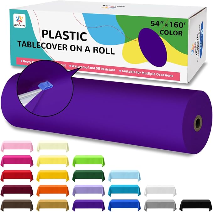 54IN X 160FT Plastic Table Cover Roll with Cutter Box, Cut to Size Plastic Table Cloths for Parties, Birthday, Disposable Tablecloth Roll for All Shape Tables (Purple, 54 Inch X 160 Feet)