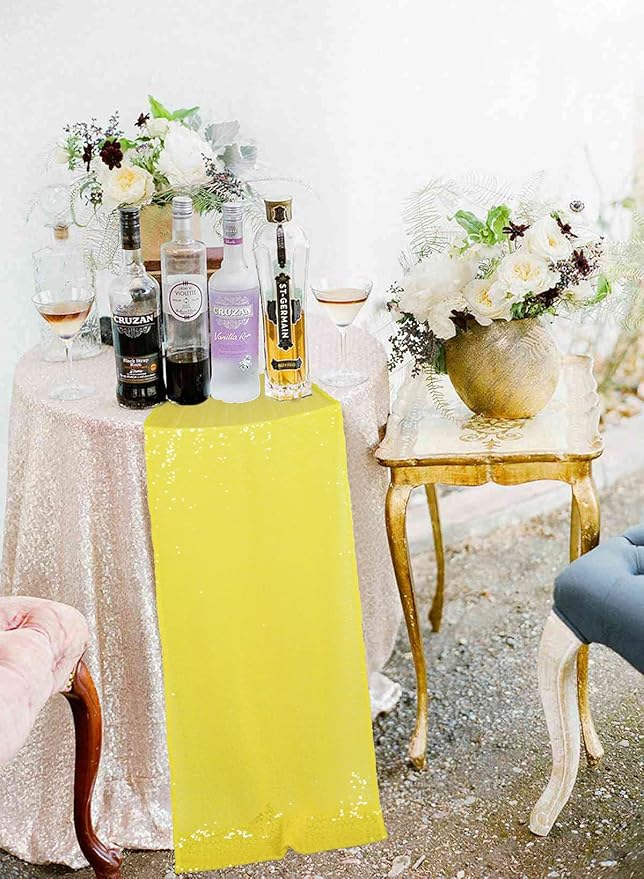 ShinyBeauty Yellow Table Runner 12x108 Inch Sequin Table Runner 108 Inches Long Wedding Party Table Runner Sequins Linen Table Runner for Christmas Halloween Event Decorations