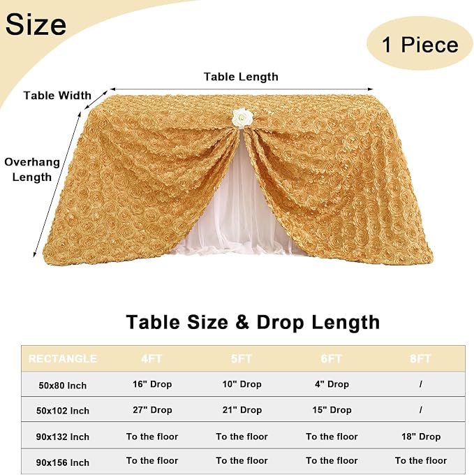 Fanqisi Gold Rosettes Tablecloth 50x80 Inches Gold Satin Table Cover for Party Wedding Baby Shower Event Table Decoration