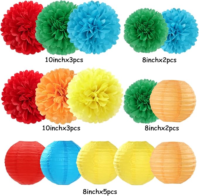 Rainbow Colorful Party-Decorations Paper-Flowers - 15pcs Welcome Back to School Tissue Pom Poms Lanterns Streamers,Carnival Video Game Kids Birthday Graduation Baby Shower Hanging Supplies Hugfond