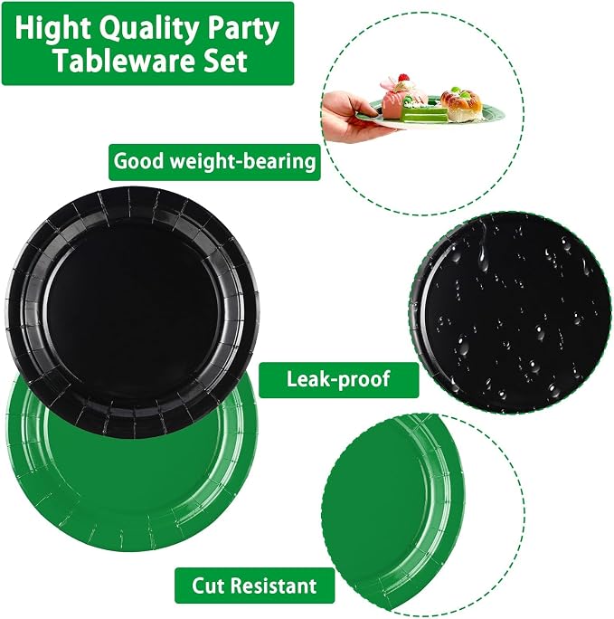 Grencian 96Pcs Green and Black Birthday Decorations Graduation Party Plates and Napkins Solid Color Disposable Heavy Duty Green and Black Tableware Set for Graduation Decorations 2026
