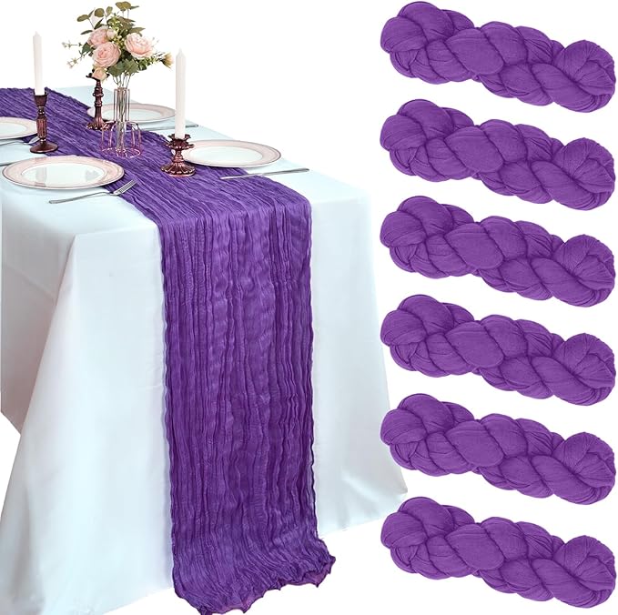 6 Pack 10FT Purple Cheesecloth Table Runner 120 Inch Long Gauze Rustic Boho Spring Cheese Cloth Table Runner Sheer Fabric Decorations for Holiday Party Wedding Banquet Bridal Baby Shower Décor
