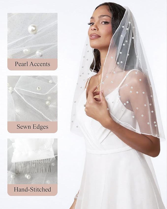 LADY&HOME White Bridal Veil Pearl Wedding Veil With Comb Bachelorette Party Veil for Brides,Bridal Shower Accessory,Bridesmaid Favor,Bride To Be Gift