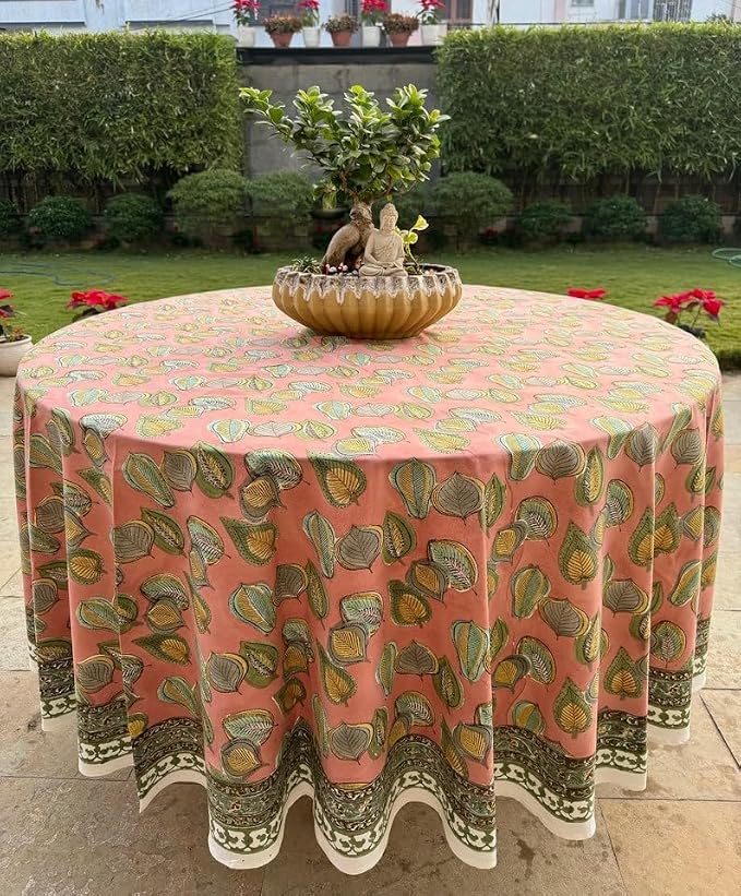 Ridhi Round Tablecloth Hand Block Print 100% Cotton Reusable Salmon Pink 60 Inch Table Cover Decorative Everyday Use for Dining, Home, Party, Wedding, Farmhouse, Party Gift for Spring, Mother's Day