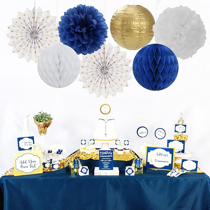Navy-Blue White Gold Party Decorations - 14pcs Kits Paper Lanterns Fan,Tissue Flower Pom Poms Streamers,Honeycomb Balls,Graduation 2026 Men Birthday Wedding Baby Bridal Shower Decor Lasting Surprise