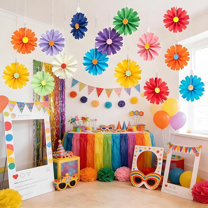 PAPER JAZZ 15pcs Colorful Paper Flower Fiesta Paper Fan Party Decorations, Mini Mexican Hanging Ornaments,Rainbow Paper Daisy with Small Flower for Spring Summer Easter Party