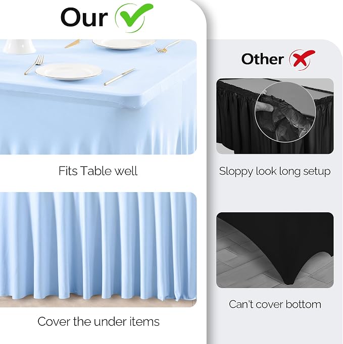 Wish Care 6 Pack Baby Blue Stretch Spandex Table Clothes for 4 Foot Rectangle Tables, 4FT Wrinkle Free Fitted Tablecloths Ruffles Design Table Cover for Party, Banquet, Wedding and Events