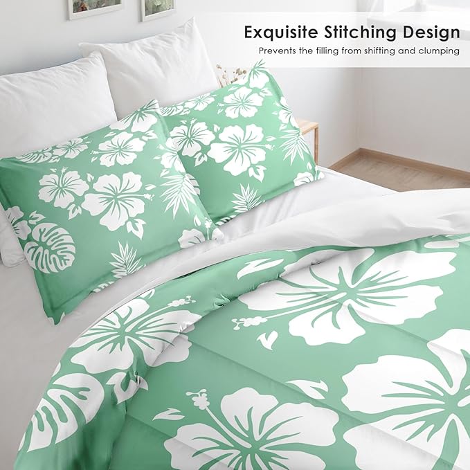 Pamnest Comforter Set Twin Size, Hibiscus Surf Floral Soft 2 Pcs Bedding for Kids and Adults, Hawaiian Hawaii Flower Comforter Set with Pillowcase, for Bedroom Bed Decor
