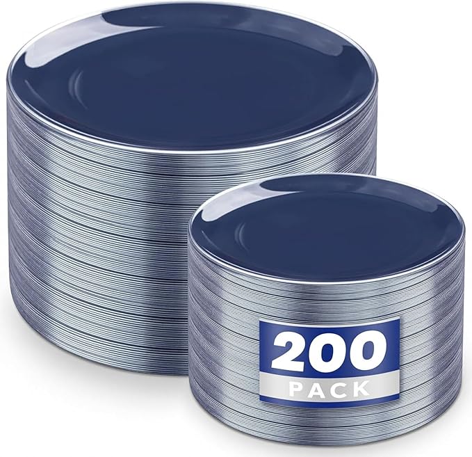KIRE 200PCS Blue Plastic Plates with Silver Rim - Navy Blue Plastic Plates Include 100 Dinner & Dessert Plate - Heavy Duty Dark Blue Disposable Plate for Wedding/Parties/4th of July