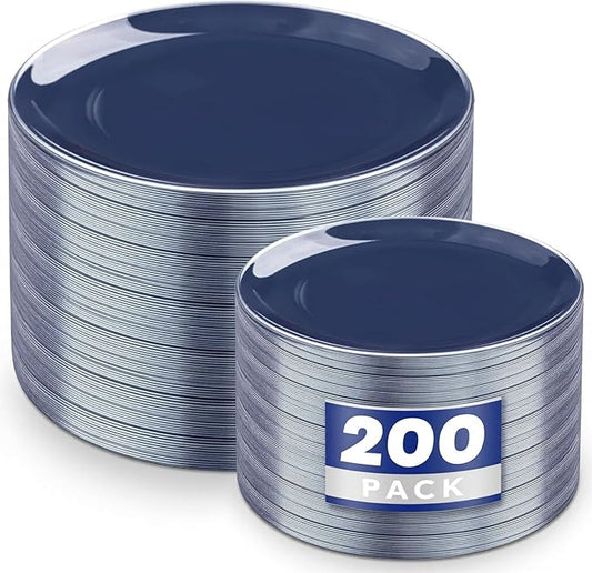 KIRE 200PCS Blue Plastic Plates with Silver Rim - Navy Blue Plastic Plates Include 100 Dinner & Dessert Plate - Heavy Duty Dark Blue Disposable Plate for Graduation/Parties/Wedding