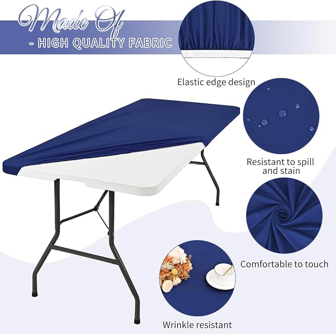 12 Pack Spandex Tablecloth Table Top Cap Cover, Navy Blue Stretch Table Covers for 6FT Tables, Elastic Rectangle Tablecloth Protector for Outdoor Party Picnic Wedding (Navy Blue,30" W x 72" L)