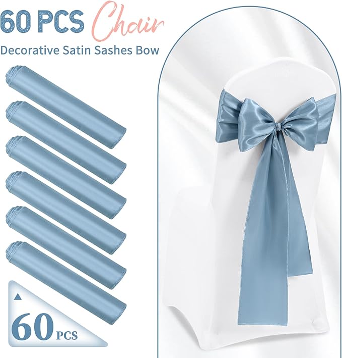 60 PCS Dusty Blue Satin Chair Sashes, Ties Bows Designed Chairs Decorative, Chair Cover Sashes for Thanksgiving Wedding Christmas Banquet Party Home Kitchen Decoration (7 x 108 inch)