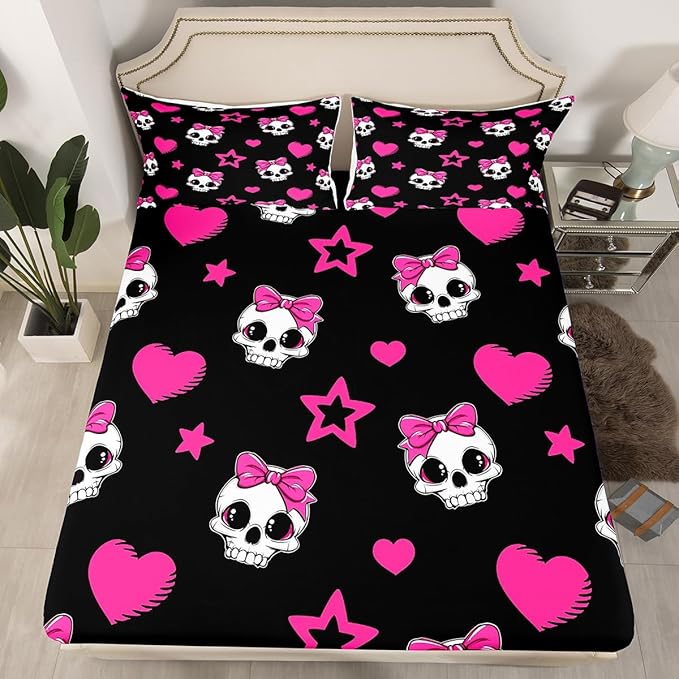 Cartoon Skull Bed Sheet Set Twin Size,Halloween Theme Cute Skeletons Sheet Set Kids Teens,Pink Hearts Stars Bow Black Bedding Decor Set with 1 Flat & 1 Fitted Sheet with 1 Pillow Sham