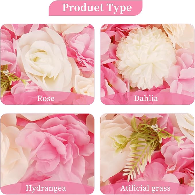 3D Flower Wall Backdrop - 12Pcs 15×15 Inch Artificial Rose Panels Pink & White Silk Floral Decor for Home Party Wedding Anniversary Birthday Photographic Studio Background & Decorative Fences