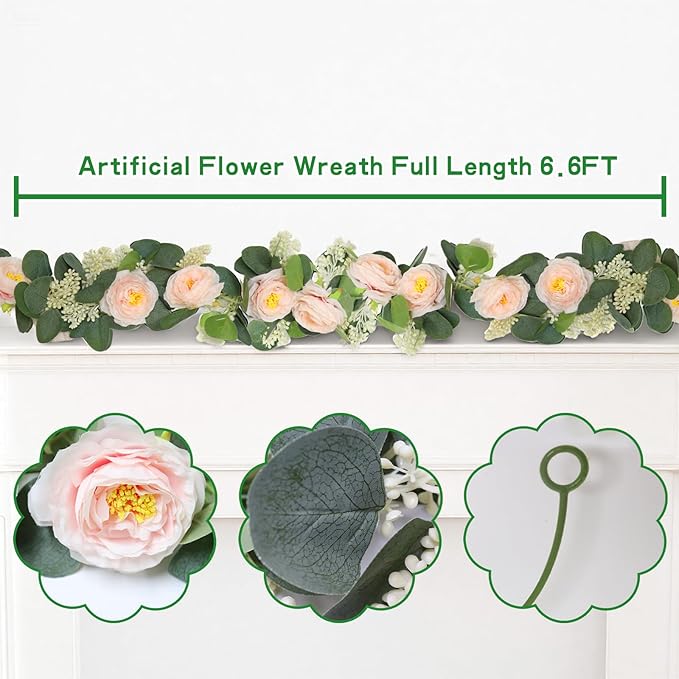 Zerzsy 2 Pack Artificial Greenery Vine Fake Flower Garlands, 6.6Ft Pink Floral Rose Garland, Eucalyptus Garland Faux Silk Hanging Vine for Wedding Table Runner Room Decor (Pink)
