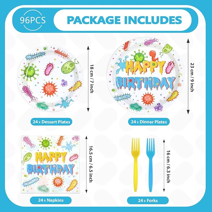 96Pcs Virus Theme Party Decorations Colorful Cells Virology Theme Plates and Napkins Happy Birthday Tableware Set for Kids Birthday Baby Shower Party Decorations Serves 24