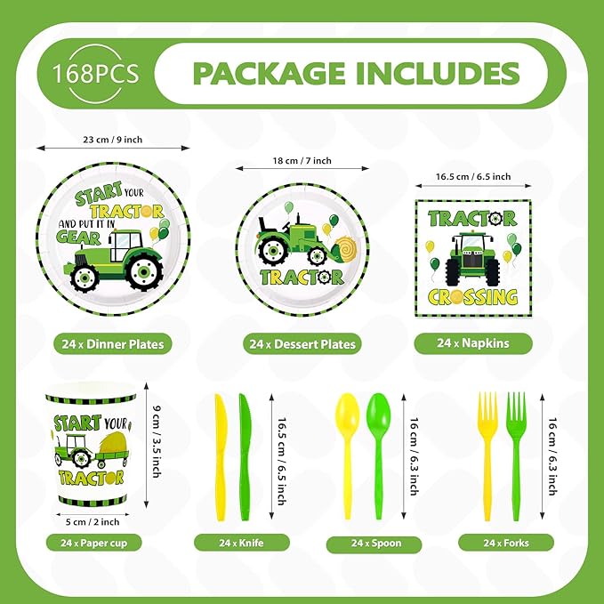 168Pcs Tractor Birthday Party Supplies Start Your Tractor and Put it in Gear Plates Napkins Cups Tractors Tableware Sets Farm Theme Decorations for Baby Shower Birthday Party Decorations Serves 24